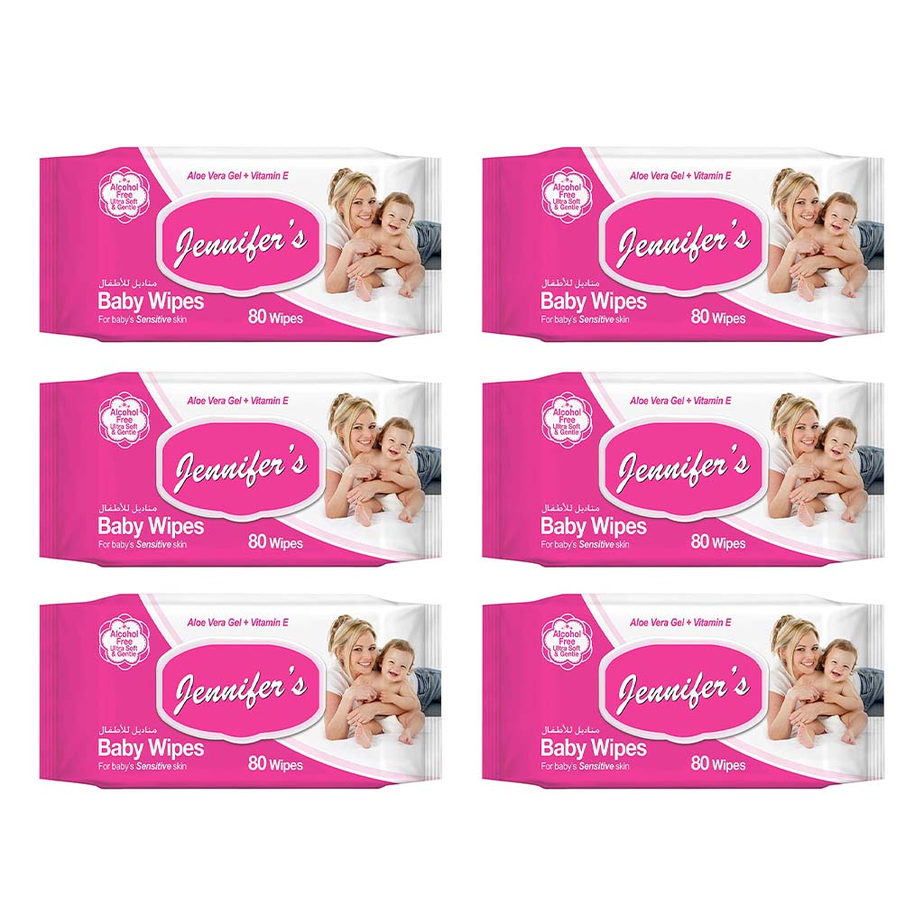 Jennifer's Alcohol Free Baby Wipes For Sensitive Skin With Aloevera & Vitamin E 80's, Pack of 6's - Easy Pharmacy LLC