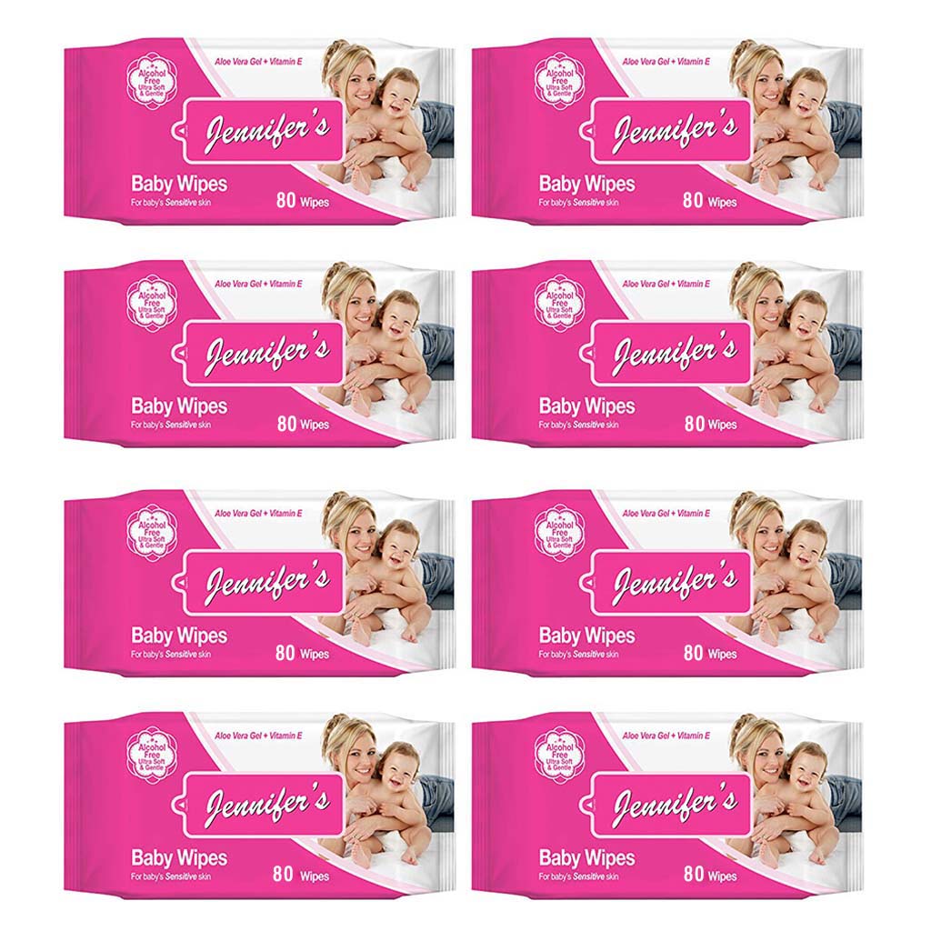 Jennifer's Alcohol Free Baby Wipes For Sensitive Skin With Aloevera & Vitamin E 80's, Pack of 8's - Easy Pharmacy LLC