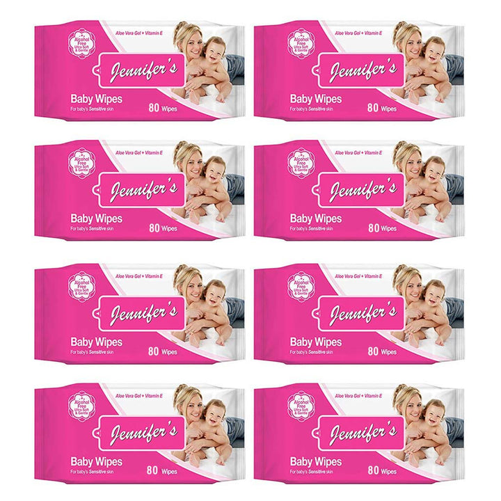 Jennifer's Alcohol Free Baby Wipes For Sensitive Skin With Aloevera & Vitamin E 80's, Pack of 8's - Easy Pharmacy LLC