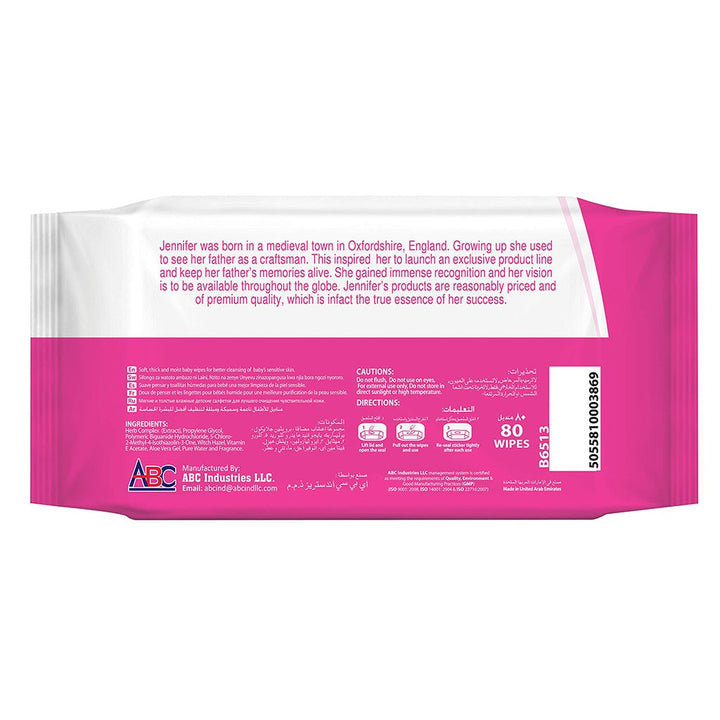 Jennifer's Alcohol Free Baby Wipes For Sensitive Skin With Aloevera & Vitamin E 80's, Pack of 8's - Easy Pharmacy LLC