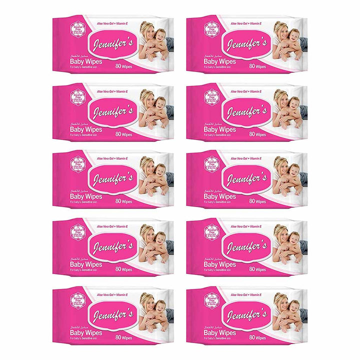 Jennifer's Alcohol Free Baby Wipes For Sensitive Skin With Aloevera & Vitamin E 80's, Pack of 10's - Easy Pharmacy LLC
