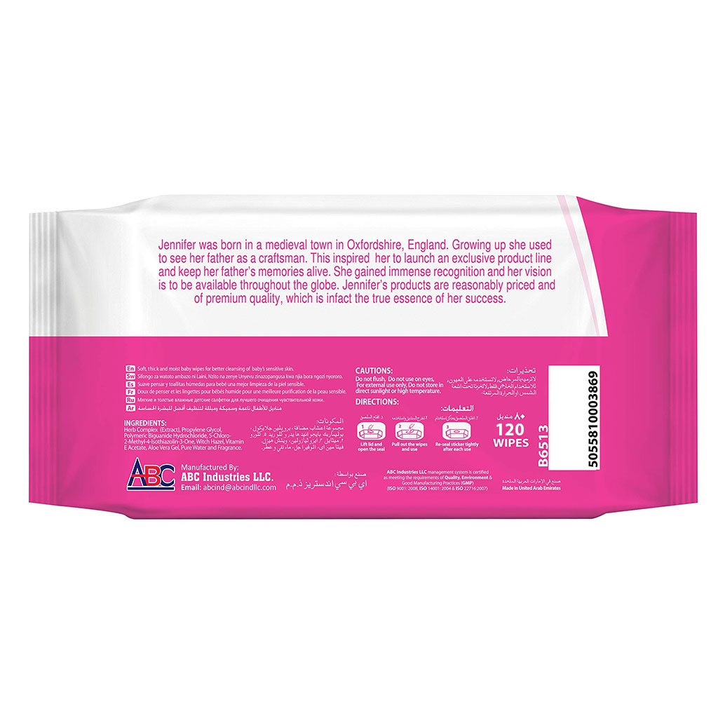 Jennifer's Alcohol Free Baby Wipes For Sensitive Skin With Aloevera & Vitamin E, Pack of 120's - Easy Pharmacy LLC