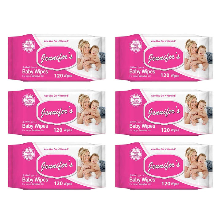 Jennifer's Alcohol Free Baby Wipes For Sensitive Skin With Aloevera & Vitamin E 120's, Pack of 6's - Easy Pharmacy LLC