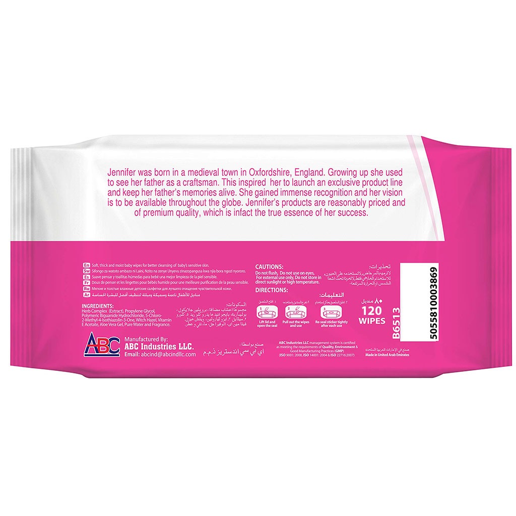 Jennifer's Alcohol Free Baby Wipes For Sensitive Skin With Aloevera & Vitamin E 120's, Pack of 6's - Easy Pharmacy LLC