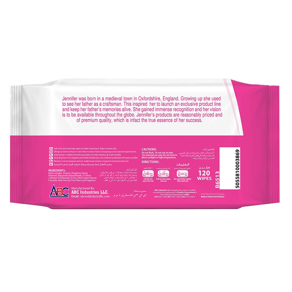 Jennifer's Alcohol Free Baby Wipes For Sensitive Skin With Aloevera & Vitamin E 120's, Pack of 12's - Easy Pharmacy LLC