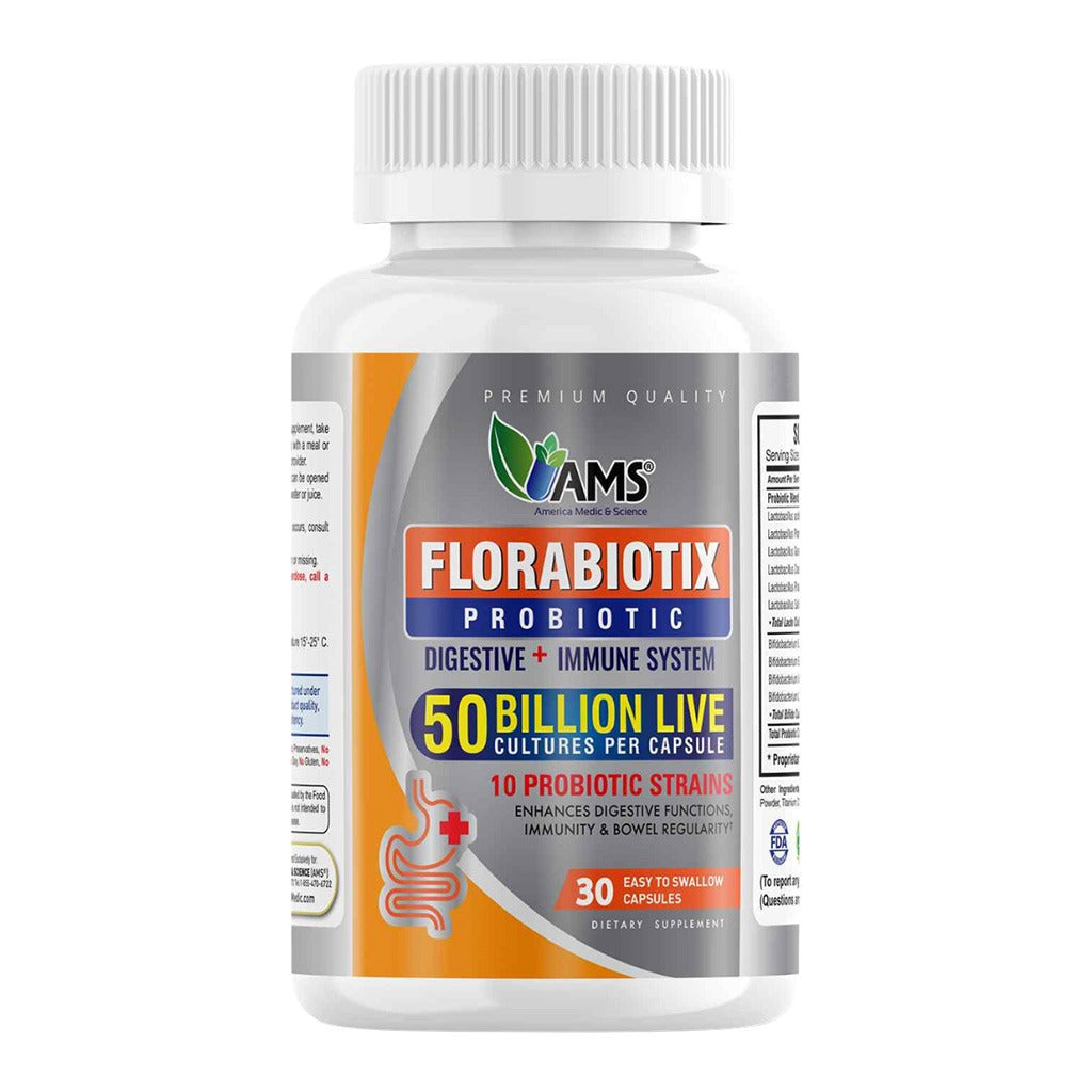 AMS Florabiotix Digestive + Immune System 50 Billion Live Cultures & 10 Probiotic strains Easy To Swallow Capsules, Pack of 30's - Easy Pharmacy LLC