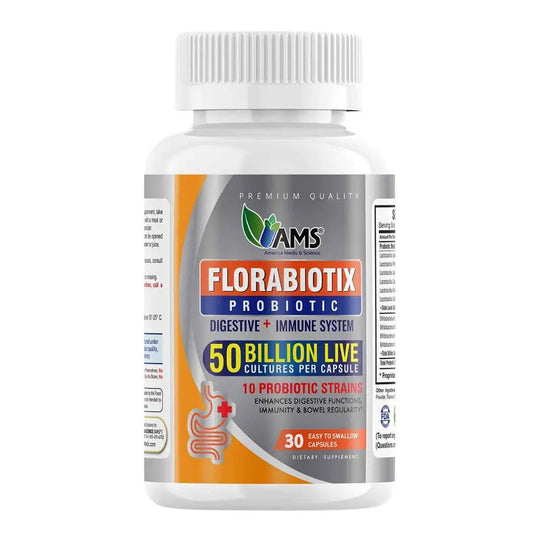 AMS Florabiotix Digestive + Immune System 50 Billion Live Cultures & 10 Probiotic strains Easy To Swallow Capsules, Pack of 30's