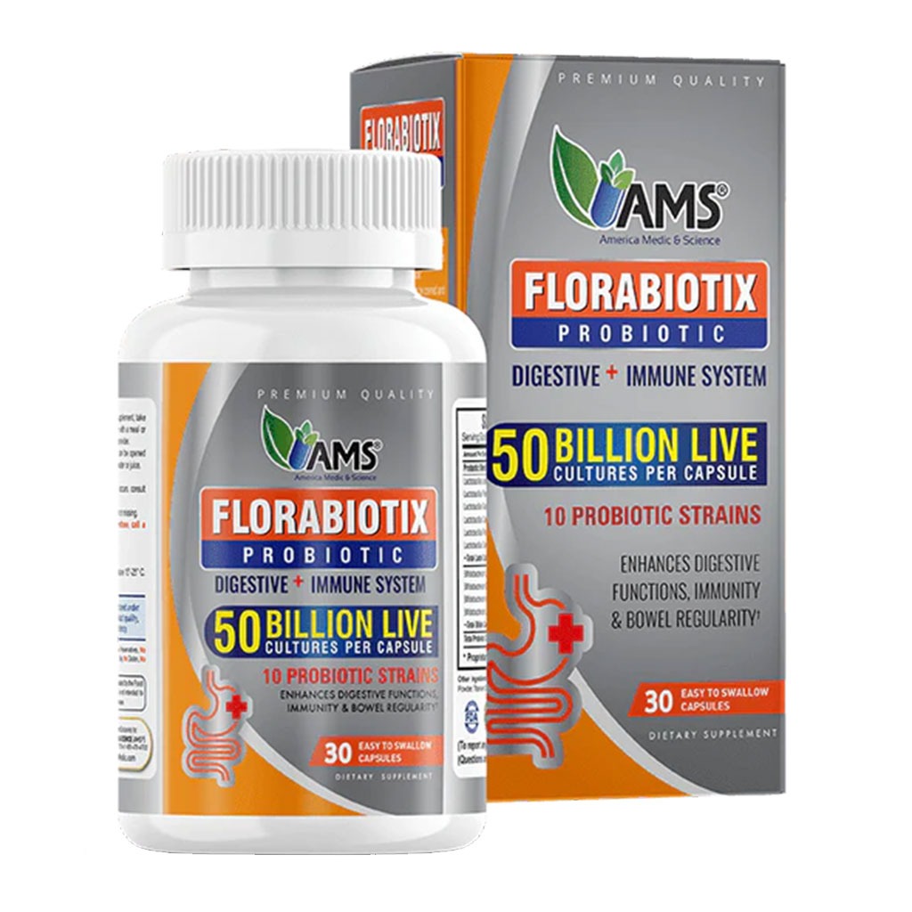 AMS Florabiotix Digestive + Immune System 50 Billion Live Cultures & 10 Probiotic strains Easy To Swallow Capsules, Pack of 30's - Easy Pharmacy LLC
