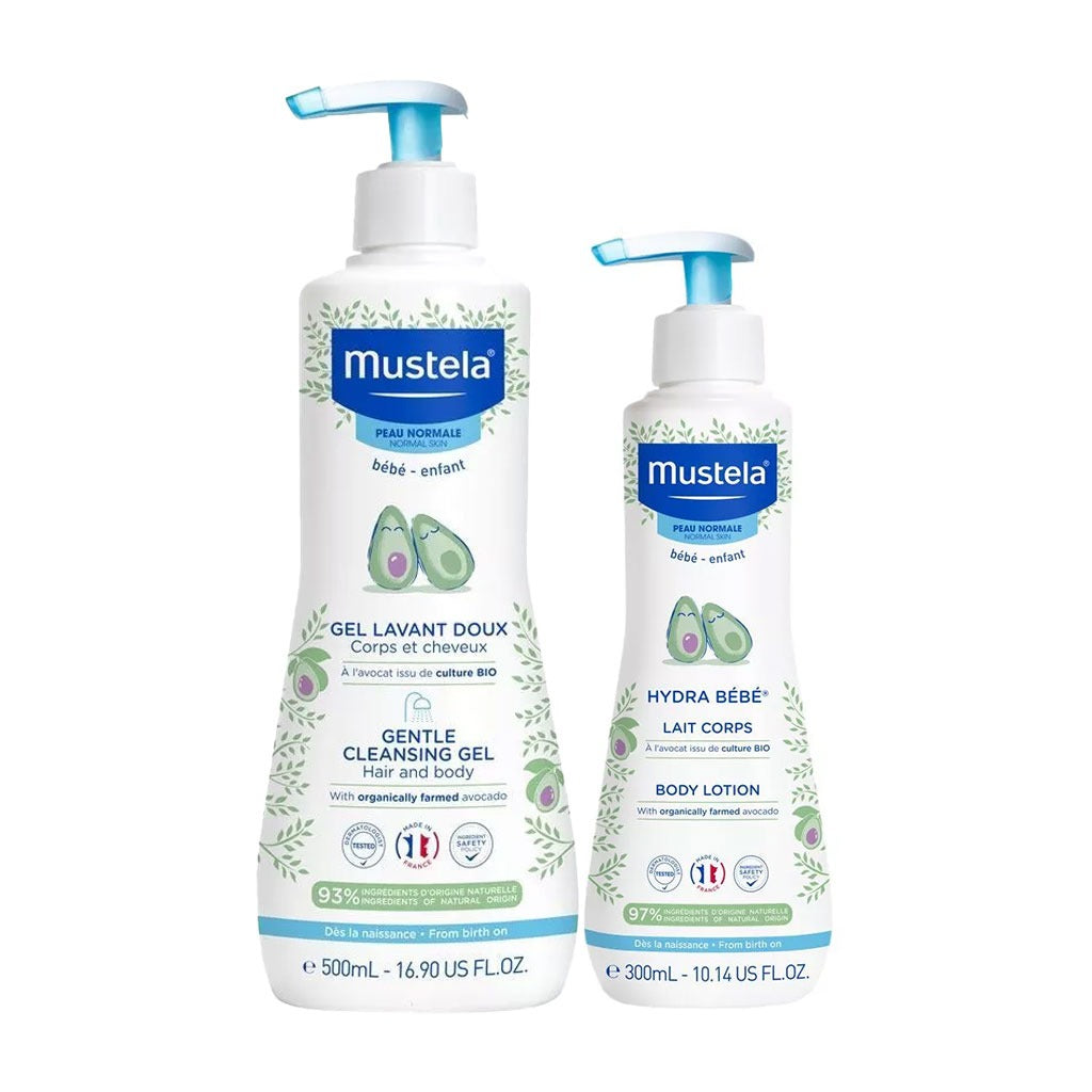 Mustela Baby Skin Care Essentials With Mustela Baby Gentle Cleansing Gel, Hair & Body Wash For Normal Skin 500ml + Mustela Baby Hydra Bebe Soothing Moisturizing Body Lotion 300ml, Promo Pack of 2 Pieces - Easy Pharmacy LLC