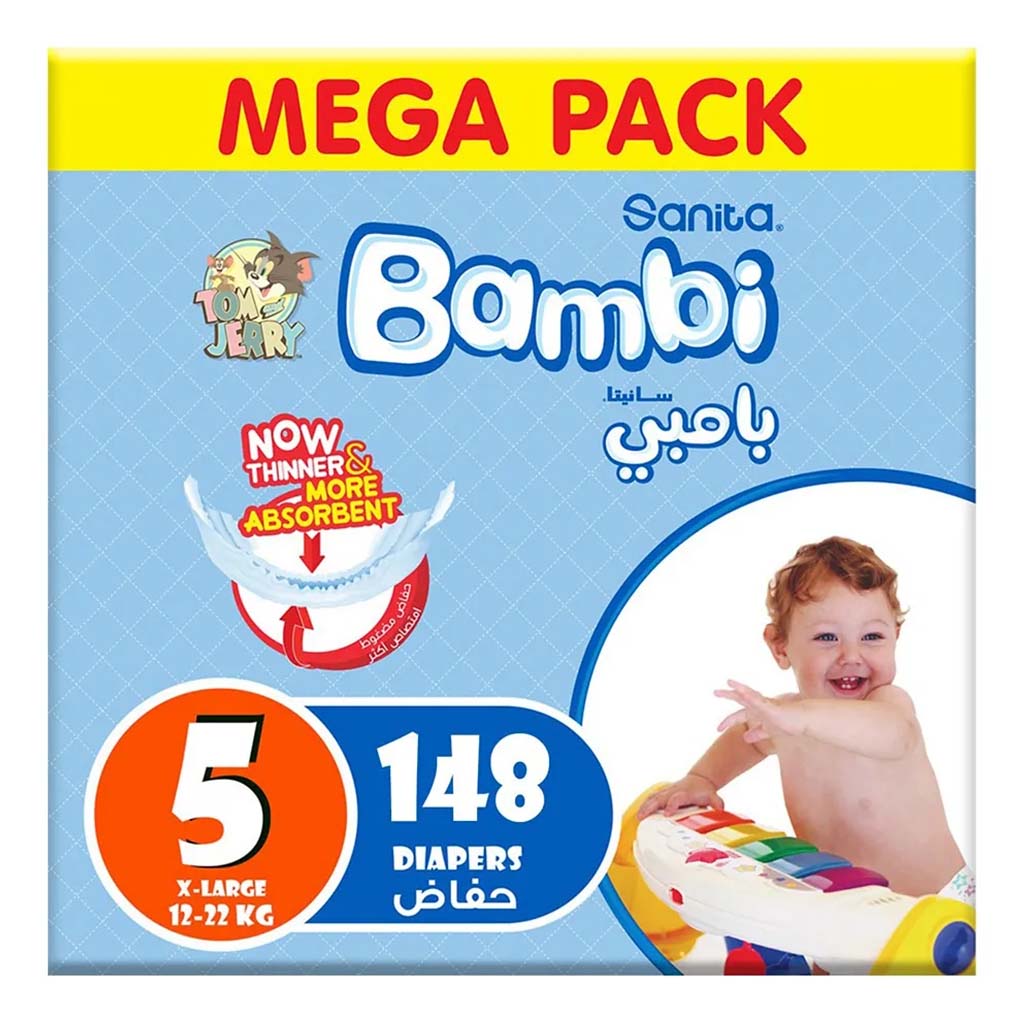 Sanita Bambi Tom And Jerry Baby Diapers, Size 5, X-Large, For 12-22 Kg Baby, Mega Pack of 148's - Easy Pharmacy LLC