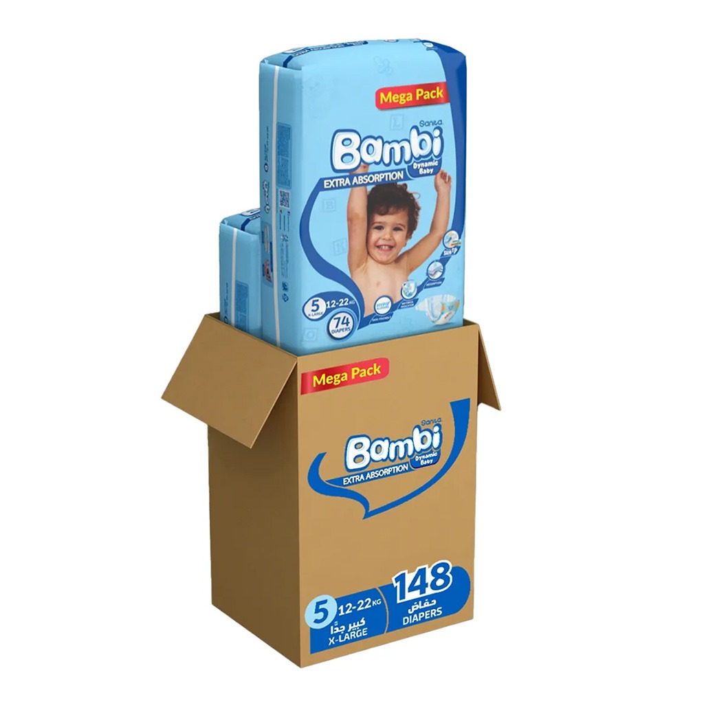Sanita Bambi Tom And Jerry Baby Diapers, Size 5, X-Large, For 12-22 Kg Baby, Mega Pack of 148's - Easy Pharmacy LLC