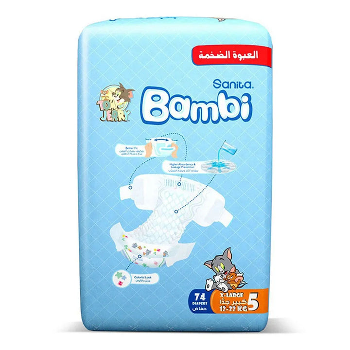 Sanita Bambi Tom And Jerry Baby Diapers, Size 5, X-Large, For 12-22 Kg Baby, Mega Pack of 148's - Easy Pharmacy LLC