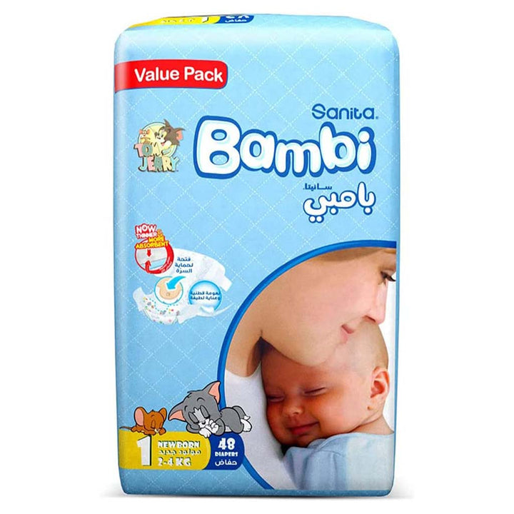 Sanita Bambi Tom And Jerry Baby Diapers, Size 1, For New Born With 2-4 Kg, Value Pack of 48's - Easy Pharmacy LLC
