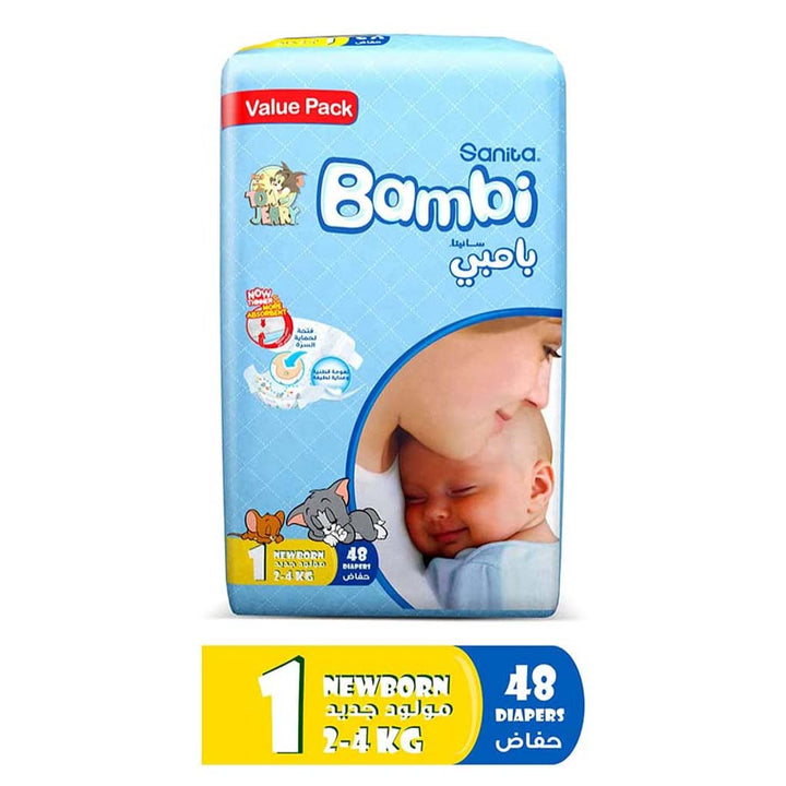Sanita Bambi Tom And Jerry Baby Diapers, Size 1, For New Born With 2-4 Kg, Value Pack of 48's - Easy Pharmacy LLC