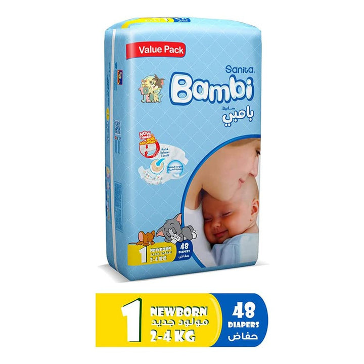 Sanita Bambi Tom And Jerry Baby Diapers, Size 1, For New Born With 2-4 Kg, Value Pack of 48's - Easy Pharmacy LLC
