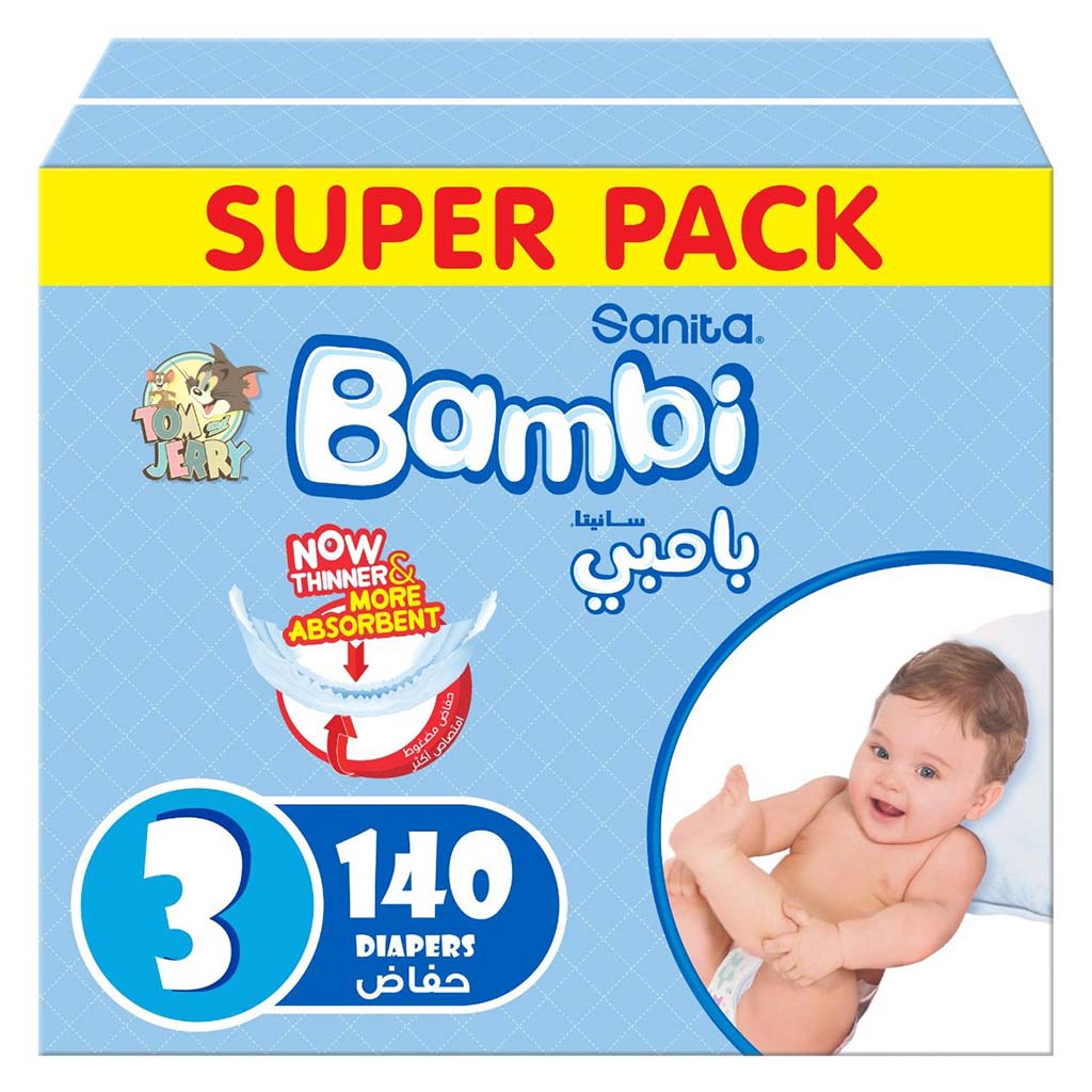 Sanita Bambi Tom And Jerry Baby Diapers, Size 3, Medium For 6-11 Kg Baby, Super Pack of 140's - Easy Pharmacy LLC