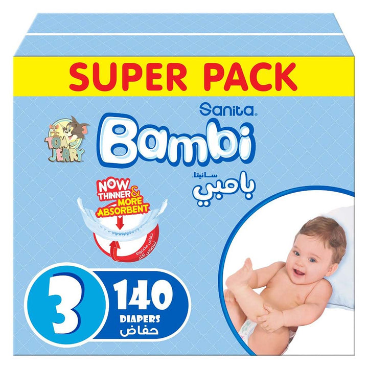 Sanita Bambi Tom And Jerry Baby Diapers, Size 3, Medium For 6-11 Kg Baby, Super Pack of 140's - Easy Pharmacy LLC