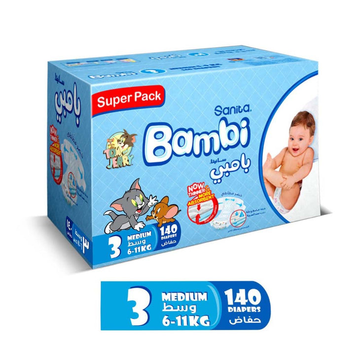 Sanita Bambi Tom And Jerry Baby Diapers, Size 3, Medium For 6-11 Kg Baby, Super Pack of 140's - Easy Pharmacy LLC