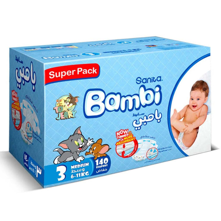 Sanita Bambi Tom And Jerry Baby Diapers, Size 3, Medium For 6-11 Kg Baby, Super Pack of 140's - Easy Pharmacy LLC