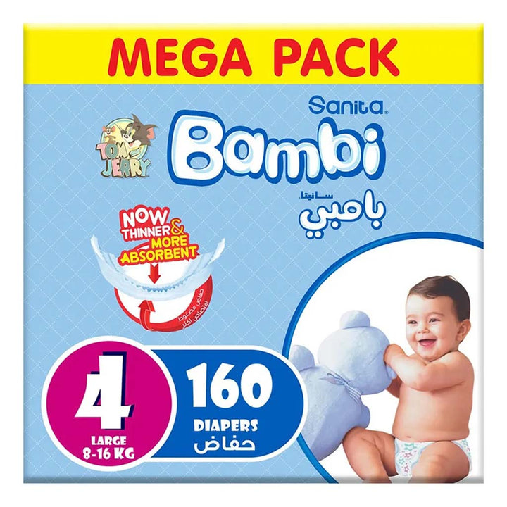 Sanita Bambi Tom And Jerry Baby Diapers, Size 4, Large, For 8-16 Kg Baby, Mega Pack of 160's - Easy Pharmacy LLC