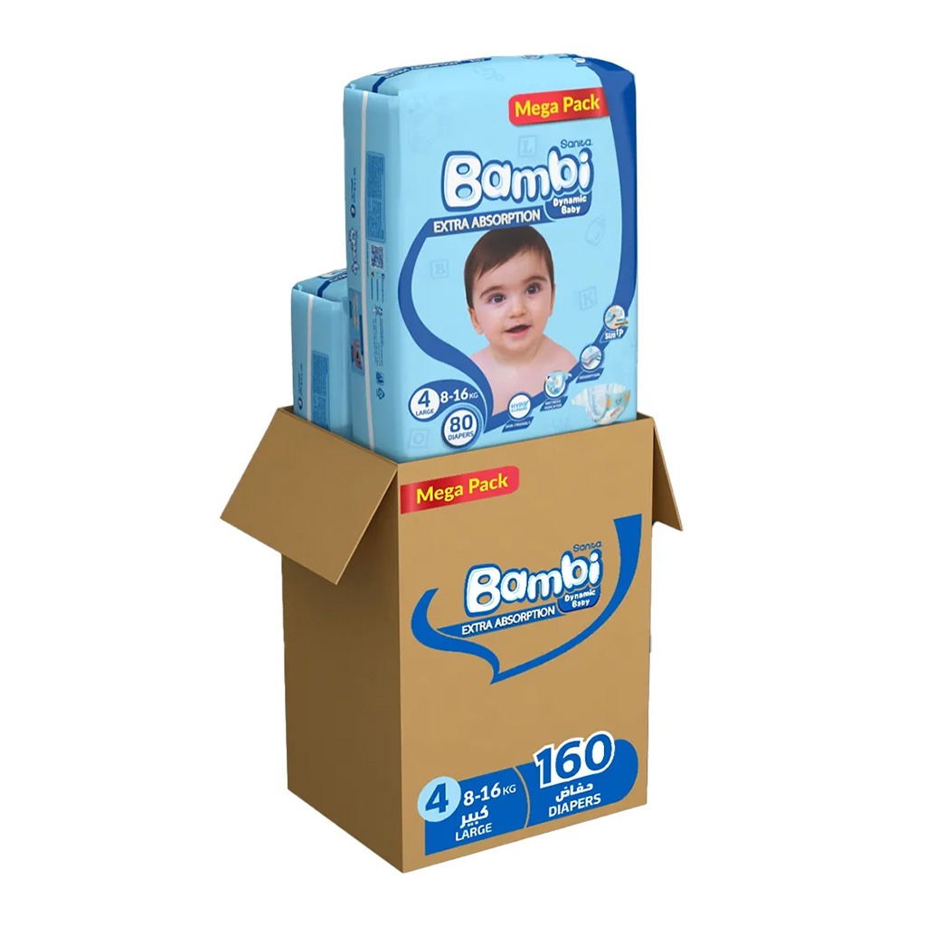 Sanita Bambi Tom And Jerry Baby Diapers, Size 4, Large, For 8-16 Kg Baby, Mega Pack of 160's - Easy Pharmacy LLC