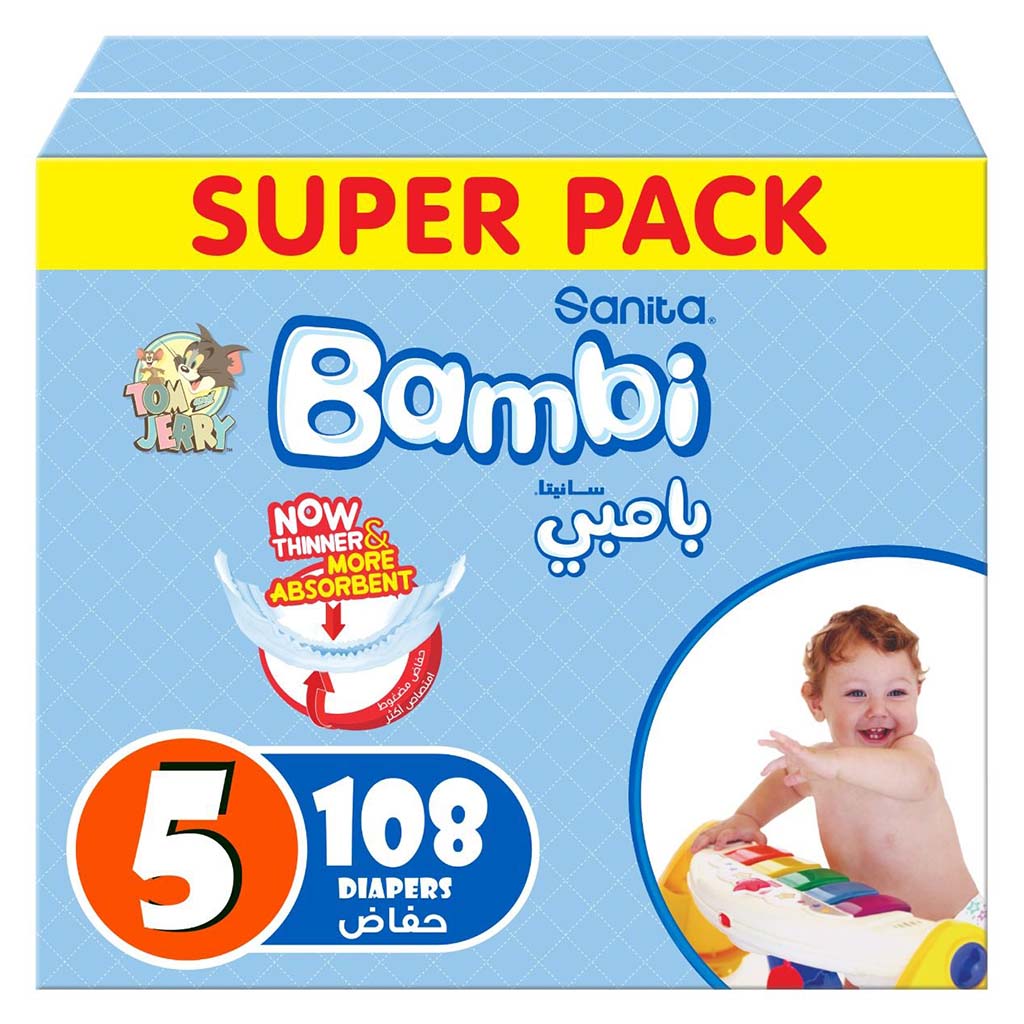 Sanita Bambi Tom And Jerry Baby Diapers, Size 5, X-Large For 12-22 Kg Baby, Super Pack of 108's - Easy Pharmacy LLC