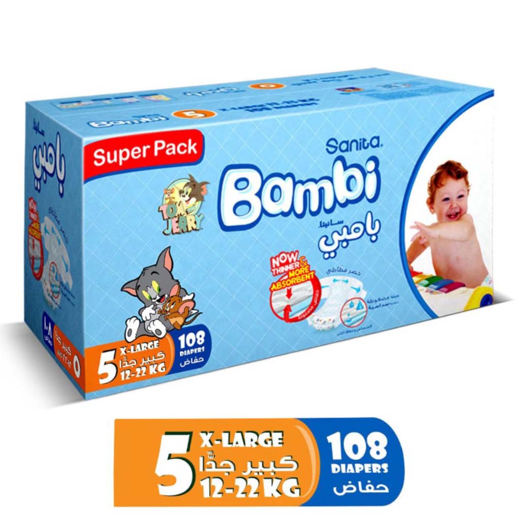 Sanita Bambi Tom And Jerry Baby Diapers, Size 5, X-Large For 12-22 Kg Baby, Super Pack of 108's - Easy Pharmacy LLC