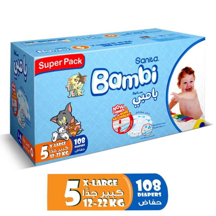 Sanita Bambi Tom And Jerry Baby Diapers, Size 5, X-Large For 12-22 Kg Baby, Super Pack of 108's - Easy Pharmacy LLC