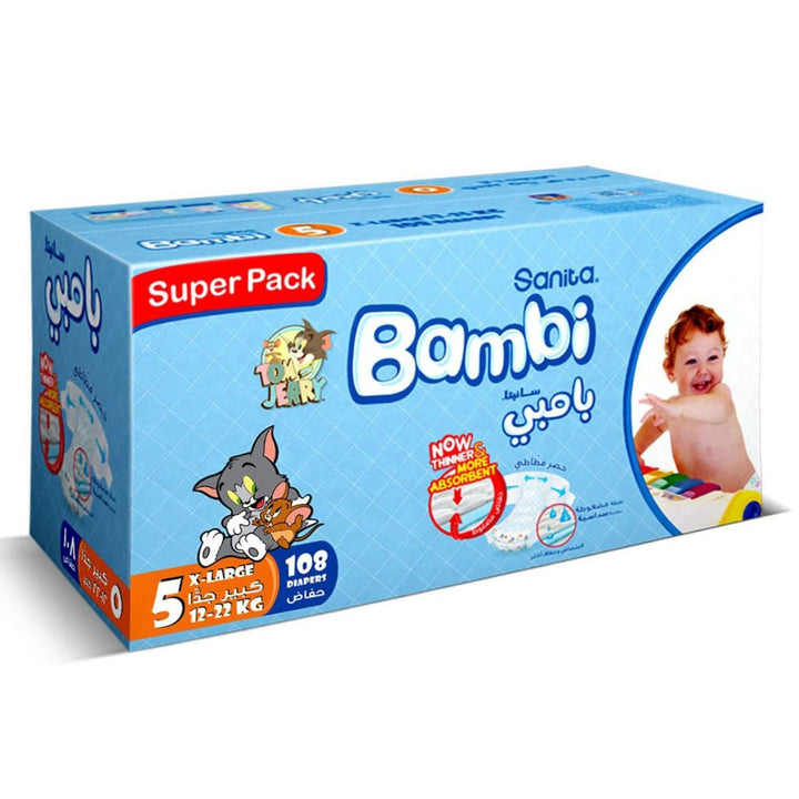 Sanita Bambi Tom And Jerry Baby Diapers, Size 5, X-Large For 12-22 Kg Baby, Super Pack of 108's - Easy Pharmacy LLC