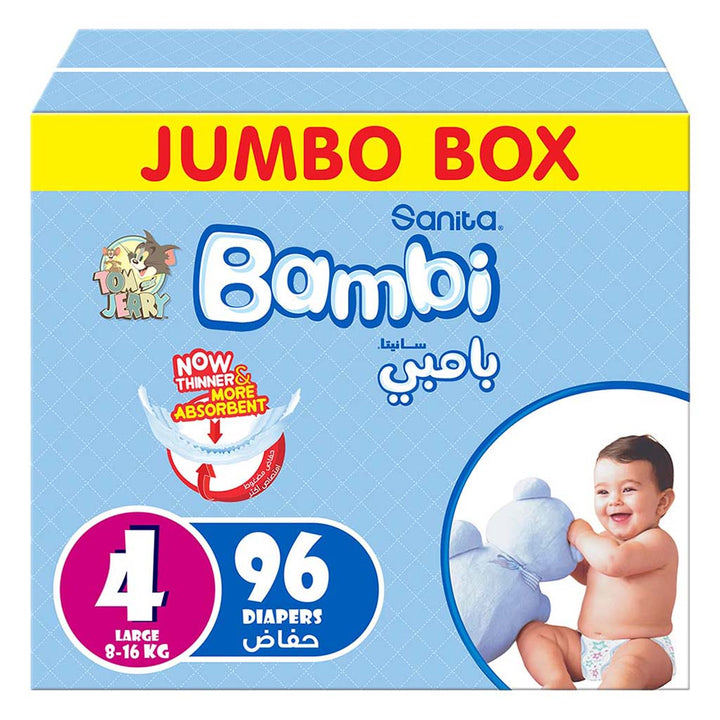 Sanita Bambi Tom And Jerry Baby Diapers, Size 4, Large For 8-16 Kg Baby, Jumbo Box of 96's - Easy Pharmacy LLC