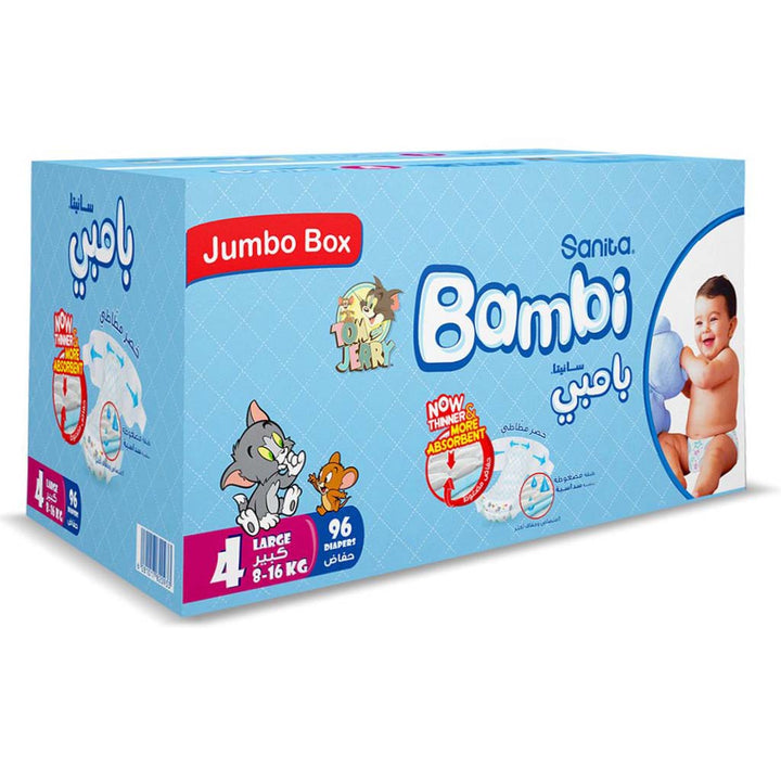 Sanita Bambi Tom And Jerry Baby Diapers, Size 4, Large For 8-16 Kg Baby, Jumbo Box of 96's - Easy Pharmacy LLC