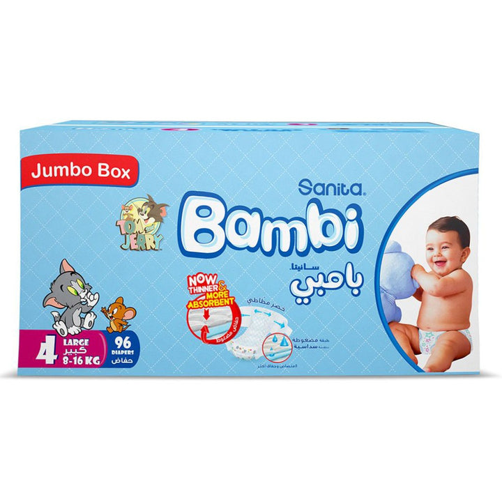 Sanita Bambi Tom And Jerry Baby Diapers, Size 4, Large For 8-16 Kg Baby, Jumbo Box of 96's - Easy Pharmacy LLC