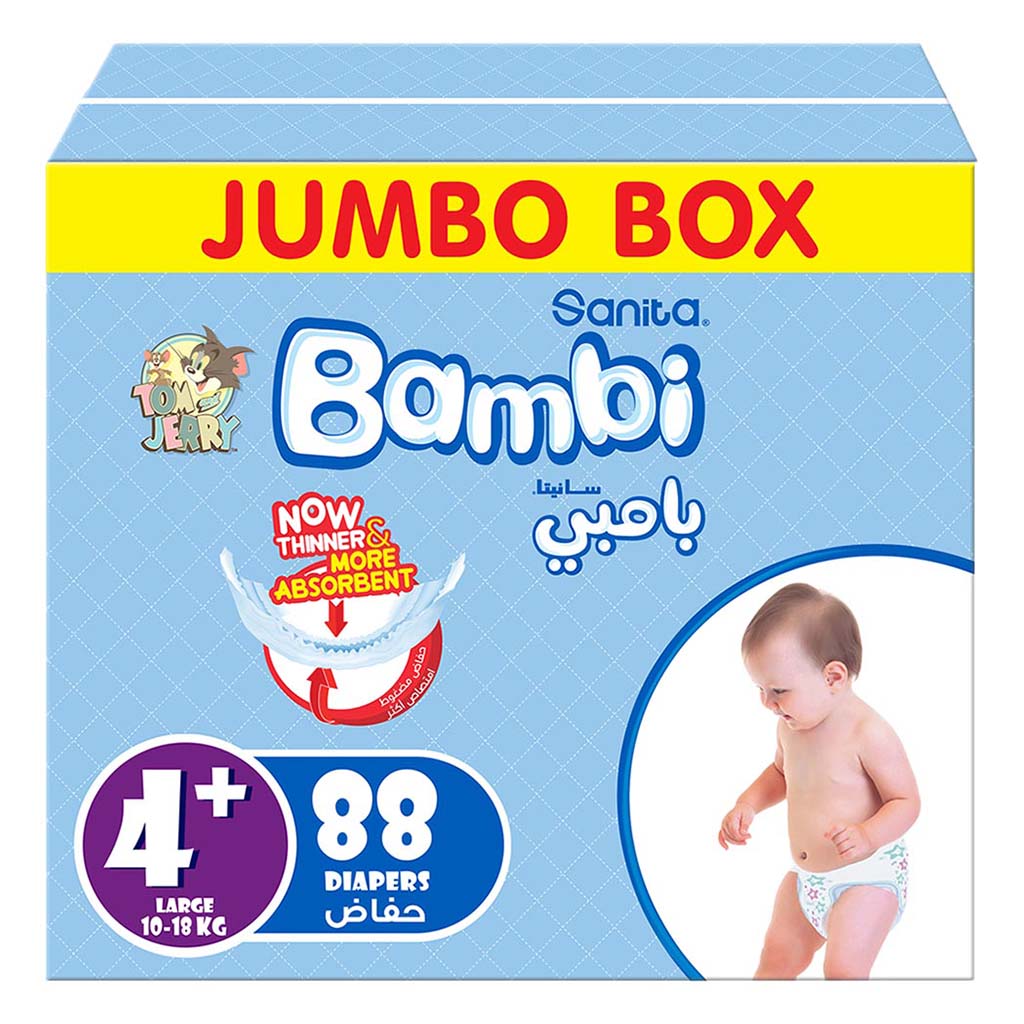 Sanita Bambi Tom And Jerry Baby Diapers, Size 4+, Large For 10-18 Kg Baby, Jumbo Box of 88's - Easy Pharmacy LLC