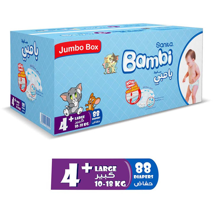 Sanita Bambi Tom And Jerry Baby Diapers, Size 4+, Large For 10-18 Kg Baby, Jumbo Box of 88's - Easy Pharmacy LLC