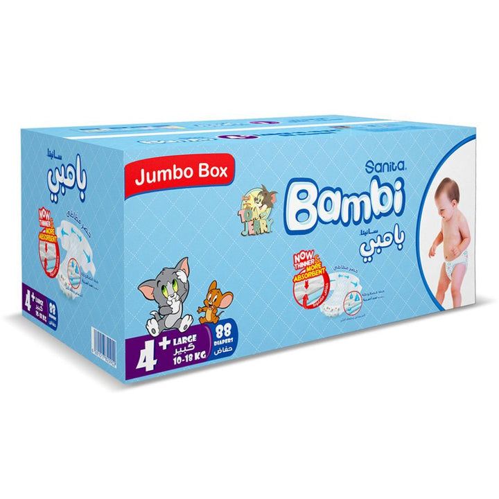 Sanita Bambi Tom And Jerry Baby Diapers, Size 4+, Large For 10-18 Kg Baby, Jumbo Box of 88's - Easy Pharmacy LLC