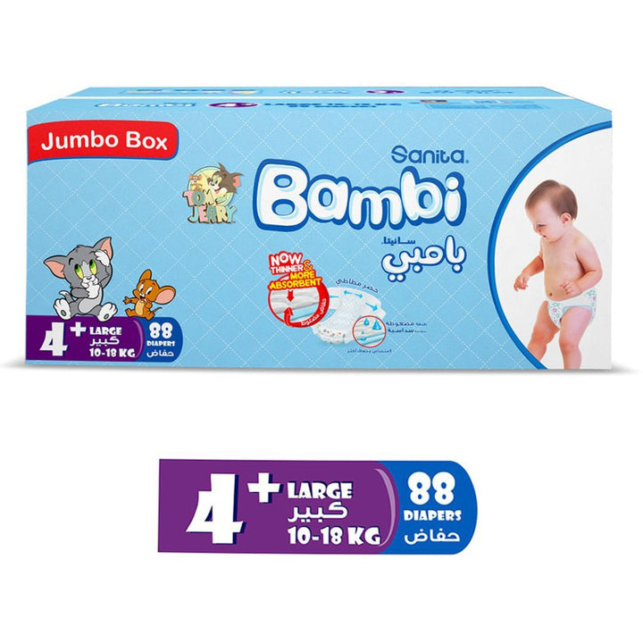 Sanita Bambi Tom And Jerry Baby Diapers, Size 4+, Large For 10-18 Kg Baby, Jumbo Box of 88's - Easy Pharmacy LLC