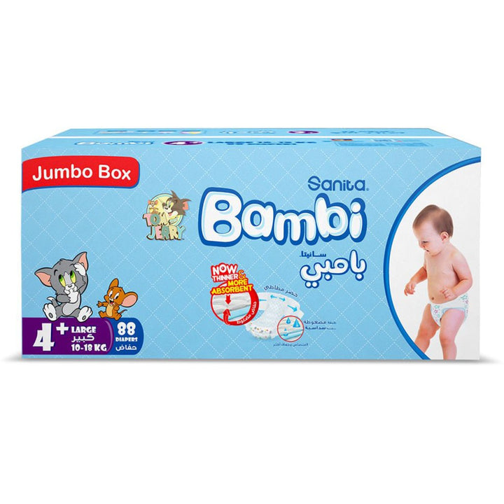 Sanita Bambi Tom And Jerry Baby Diapers, Size 4+, Large For 10-18 Kg Baby, Jumbo Box of 88's - Easy Pharmacy LLC