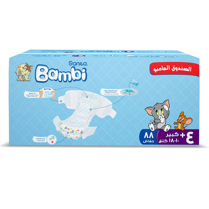Sanita Bambi Tom And Jerry Baby Diapers, Size 4+, Large For 10-18 Kg Baby, Jumbo Box of 88's - Easy Pharmacy LLC
