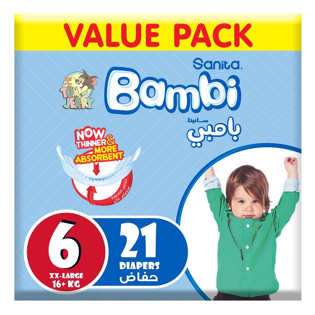 Sanita Bambi Tom And Jerry Baby Diapers, Size 6, XX-Large For 16+Kg Baby, Value Pack of 21's - Easy Pharmacy LLC