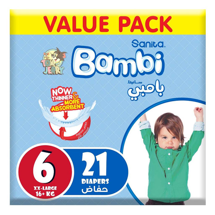 Sanita Bambi Tom And Jerry Baby Diapers, Size 6, XX-Large For 16+Kg Baby, Value Pack of 21's - Easy Pharmacy LLC