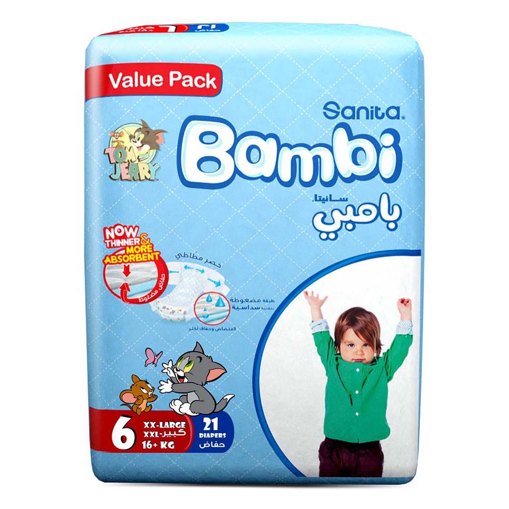 Sanita Bambi Tom And Jerry Baby Diapers, Size 6, XX-Large For 16+Kg Baby, Value Pack of 21's - Easy Pharmacy LLC