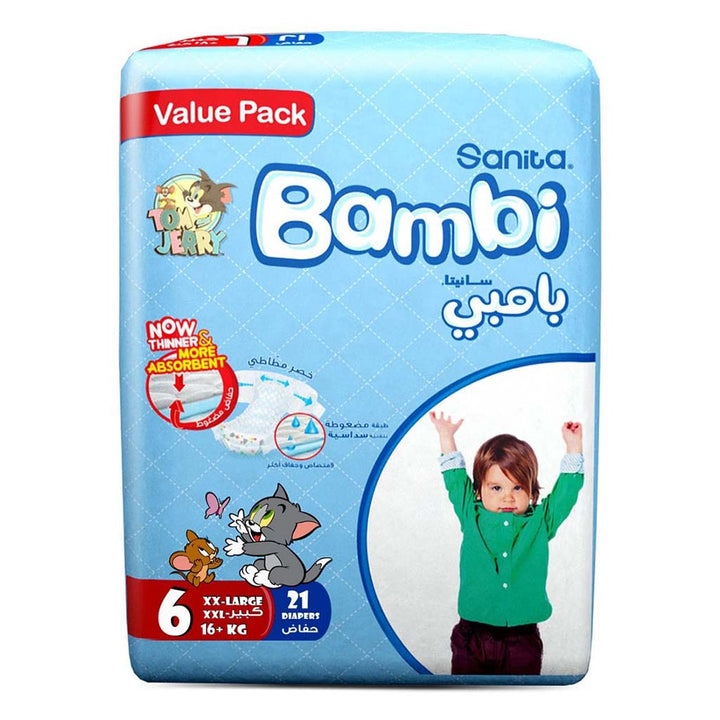 Sanita Bambi Tom And Jerry Baby Diapers, Size 6, XX-Large For 16+Kg Baby, Value Pack of 21's - Easy Pharmacy LLC