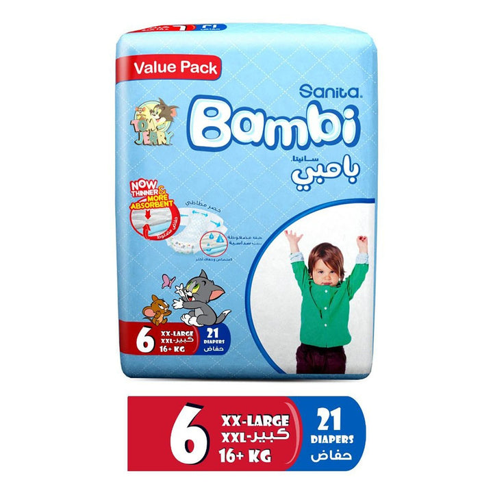 Sanita Bambi Tom And Jerry Baby Diapers, Size 6, XX-Large For 16+Kg Baby, Value Pack of 21's - Easy Pharmacy LLC