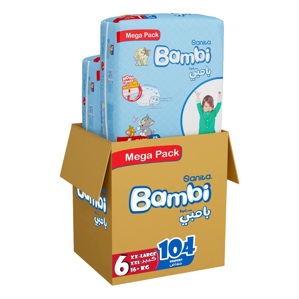 Sanita Bambi Tom And Jerry Baby Diapers, Size 6, XX-Large For 16+Kg Baby, Mega Pack of 104's - Easy Pharmacy LLC