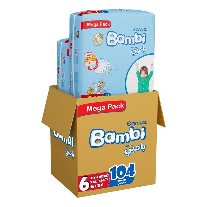 Sanita Bambi Tom And Jerry Baby Diapers, Size 6, XX-Large For 16+Kg Baby, Mega Pack of 104's - Easy Pharmacy LLC
