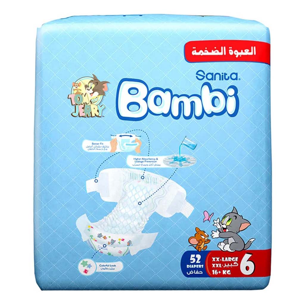 Sanita Bambi Tom And Jerry Baby Diapers, Size 6, XX-Large For 16+Kg Baby, Mega Pack of 104's - Easy Pharmacy LLC