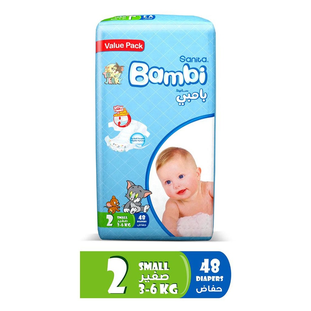 Sanita Bambi Tom And Jerry Baby Diapers, Size 2, Small, For 3-6 Kg Baby, Value Pack of 48's - Easy Pharmacy LLC