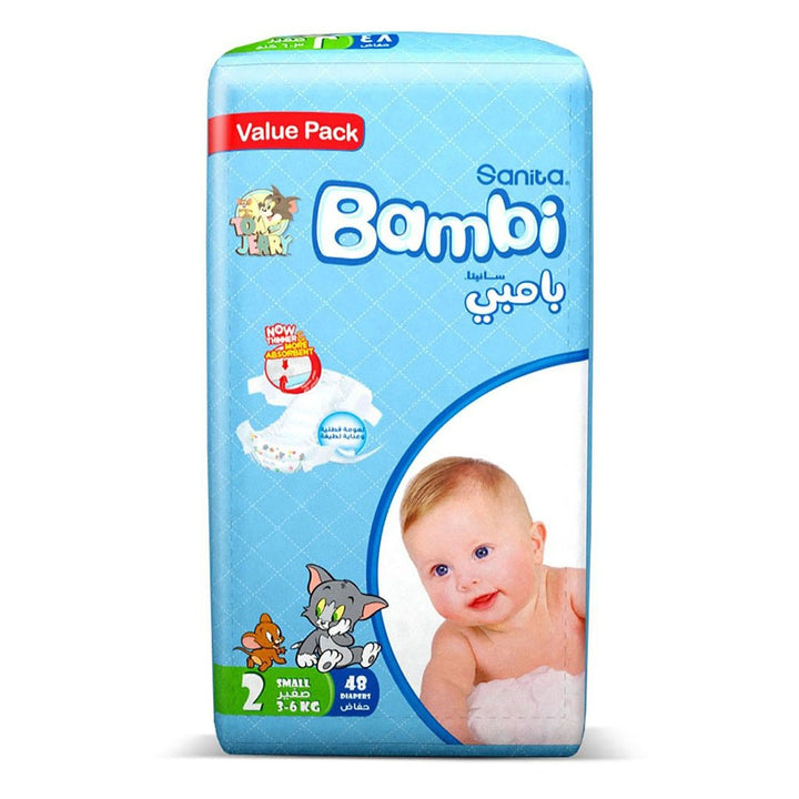 Sanita Bambi Tom And Jerry Baby Diapers, Size 2, Small, For 3-6 Kg Baby, Value Pack of 48's - Easy Pharmacy LLC