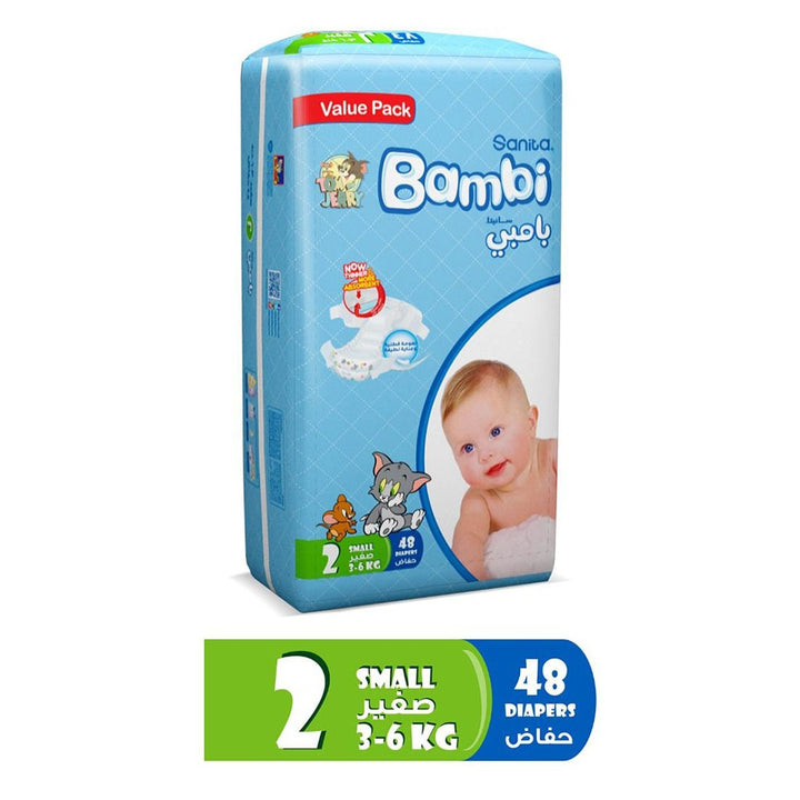 Sanita Bambi Tom And Jerry Baby Diapers, Size 2, Small, For 3-6 Kg Baby, Value Pack of 48's - Easy Pharmacy LLC