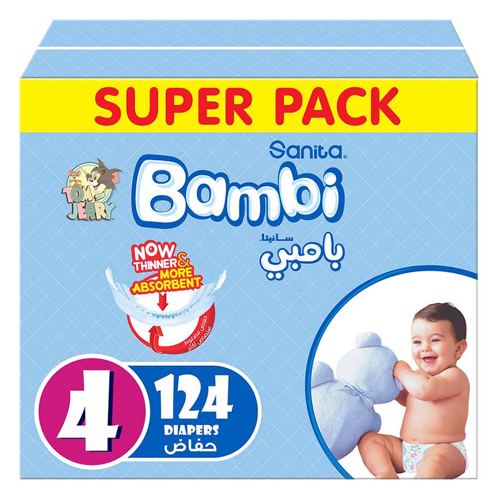 Sanita Bambi Tom And Jerry Baby Diapers, Size 4, Large For 8-16 Kg Baby, Super Pack of 124's - Easy Pharmacy LLC